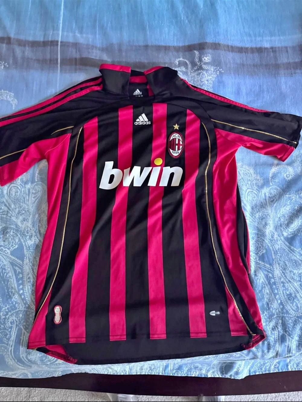Adidas AC Milan mens Pink & Black Striped Soccer Jersey